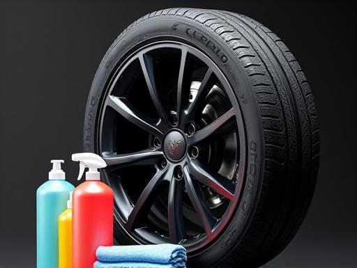 Un neumático nuevo y brillante junto a productos de detailing.